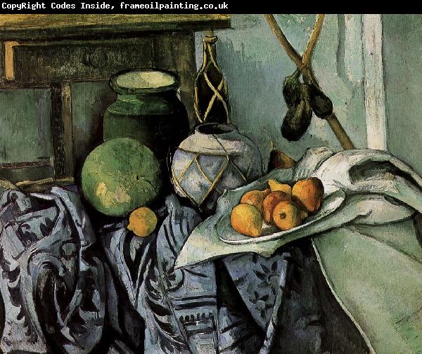 Paul Cezanne bottles and fruit still life
